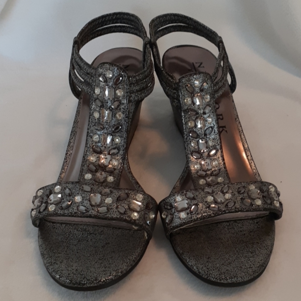EUC New York Transit Bling Wedge Sandals Pewter